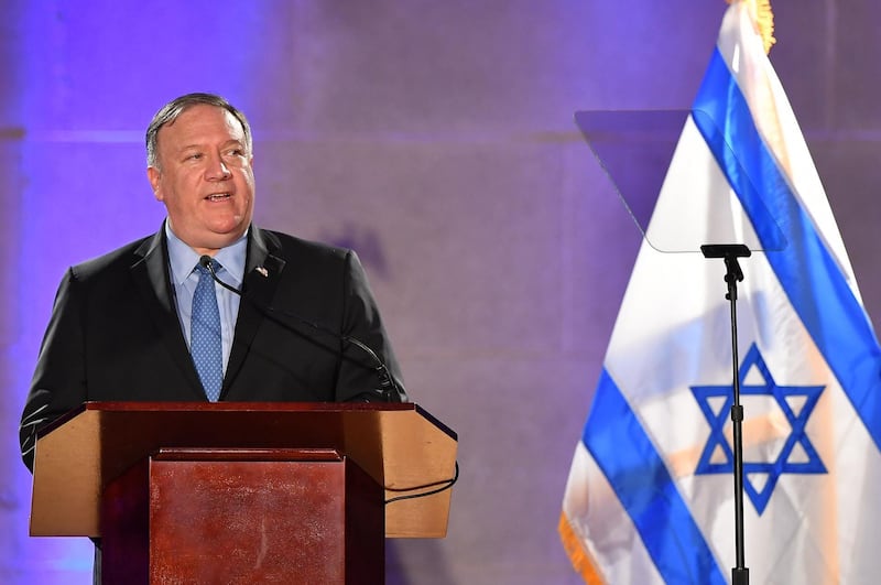 (FILES) In this file photo taken on May 22, 2019, US Secretary of State Mike Pompeo speaks at the Israeli Embassy's Independence Day Celebration in Washington DC.  Pompeo will visit Israel in a show of support for the new coalition government, resuming travel after a coronavirus suspension, the State Department announced on May 8, 2020. The top US diplomat and staunch supporter of Israel will meet Prime Minister Benjamin Netanyahu and his centrist rival turned partner Benny Gantz in Jerusalem on May 13, the day the government is expected to be sworn in. / AFP / Mandel NGAN
