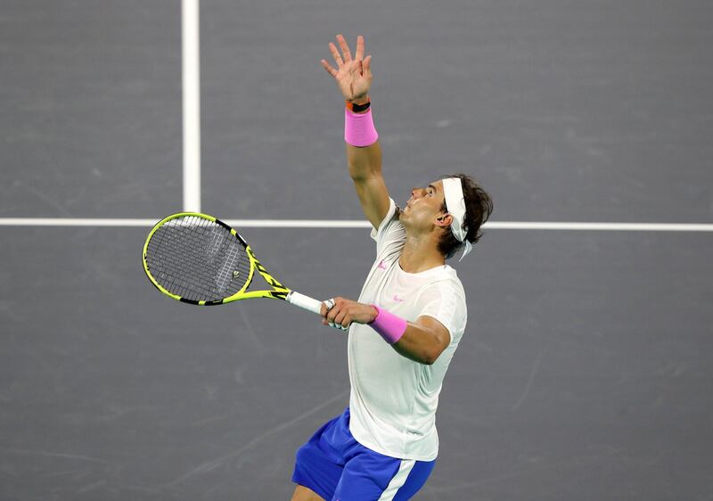 Abu Dhabi, United Arab Emirates - Reporter: Jon Turner: Rafael Nadal serves during the semi final between Rafael Nadal v Karen Khachanov at the Mubadala World Tennis Championship. Friday, December 20th, 2019. Zayed Sports City, Abu Dhabi. Chris Whiteoak / The National