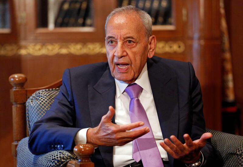 In this Friday, May 11, 2018 photo, Lebanese Parliament Speaker Nabih Berri, speaks during an interview with The Associated Press, in Beirut, Lebanon. Berri has been Lebanonâ€™s parliament speaker for a quarter-century, and is expected to win a sixth term this week. Even rivals acknowledge that the 80-year-old is a canny political operator, but his long tenure owes much to Lebanonâ€™s sectarian-based and elite-dominated political system. (AP Photo/Hussein Malla)