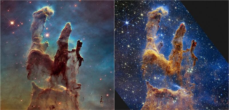 The 'Pillars of Creation' — clouds of hydrogen gas and dust  6,500 light years from Earth — captured by the Hubble Space Telescope, left, and James Webb Space Telescope. AP