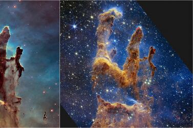 This combination image provided by NASA on Wednesday, Oct.  19, 2022, shows the Pillars of Creation as imaged by NASA's Hubble Space Telescope in 2014, left, and by NASA's James Webb Telescope, right.  The new, near-infrared-light view from the James Webb Space Telescope helps us peer through more of the dust in the star-forming region, according to NASA.  (NASA, ESA, CSA, STScI via AP)