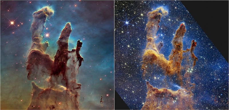 The 'Pillars of Creation' — clouds of hydrogen gas and dust  6,500 light years from Earth — captured by the Hubble Space Telescope, left, and James Webb Space Telescope. AP