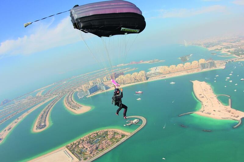 Stefanie Morgner says jumping over the Skydive Dubai Palm drop zone offers spectacular views of the Palm Jumeirah and Dubai coastline. Courtesy Mas Di Siena