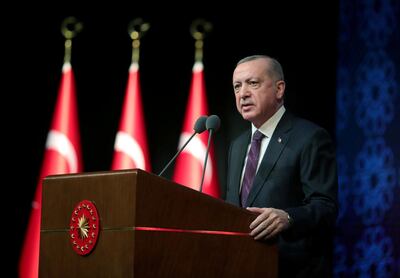 FILE PHOTO: Turkish President Tayyip Erdogan speaks during a meeting to unveil the Human Rights Action Plan?in Ankara, Turkey March 2, 2021. Presidential Press Office/Handout via REUTERS ATTENTION EDITORS - THIS PICTURE WAS PROVIDED BY A THIRD PARTY. NO RESALES. NO ARCHIVE./File Photo