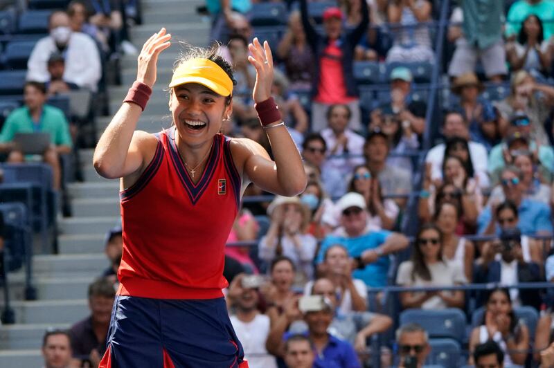 Emma Raducanu celebrates her win over Belinda Bencic after their US Open quarter-final. AFP