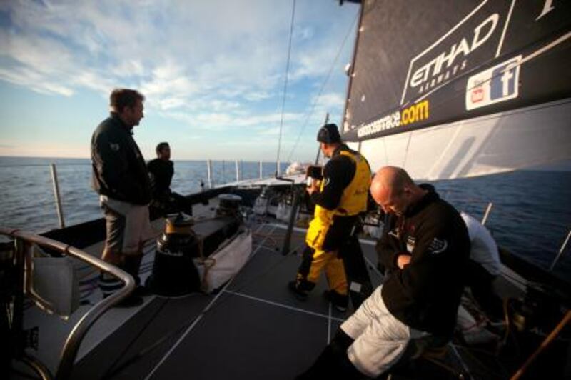 AT SEA - NOVEMBER 11:  Abu Dhabi Ocean Racing skippered by Ian Walker (R) from the UK looks dejected after retiring from leg 1 of the Volvo Ocean Race to Cape Town, having returned to racing following their dismasting on the first night of the race on November 11, 2011. (Nick Dana/Abu Dhabi Ocean Racing/Volvo Ocean Race via Getty Images) *** Local Caption ***  132235756.jpg