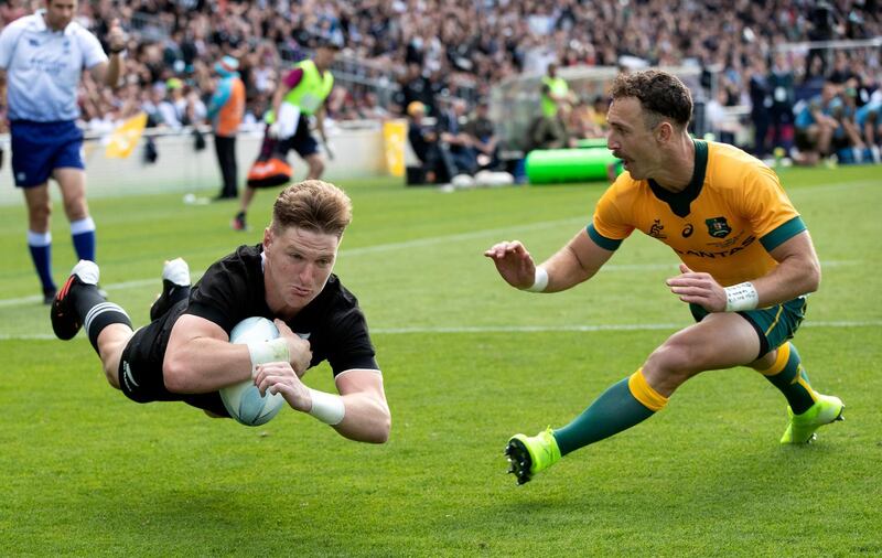 New Zealand's Jordie Barrett scores his team's second try during his team's 27-7 Bledisloe Cup win against Austrilia at Eden Park in Auckland on Sunday, October 18. AP