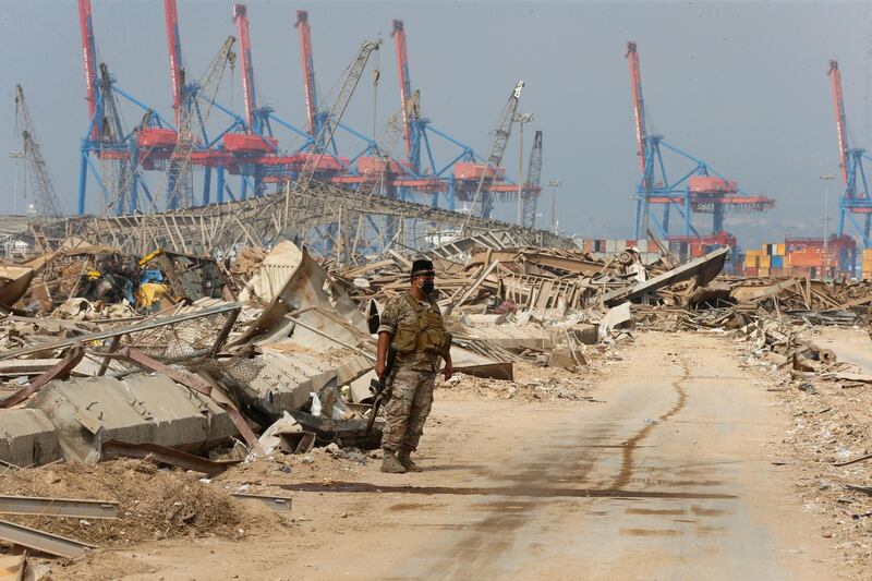 Lebanese army member stands at the site of Tuesday's blast, at Beirut's port area, Lebanon. Reuters
