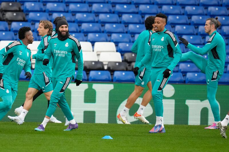 Real Madrid's players warm up during a training session at Stamford Bridge. AP
