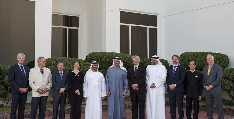 Sheikh Mohammed bin Zayed, Crown Prince of Abu Dhabi and Deputy Supreme Commander of the Armed Forces, receives Simon Bartley President of WorldSkills International (L), during a Sea Palace barza. Seen with Mubarak Al Shamsi, Director General of Abu Dhabi Center for Technical and Vocational Education and Training (C). Hamad Al Kaabi / Crown Prince Court — Abu Dhabi