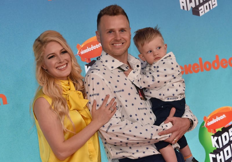 US television personalities Heidi Montag, left, and Spencer Pratt and son Gunner arrive for the 32nd Annual Nickelodeon Kids' Choice Awards at the USC Galen Center on March 23, 2019 in Los Angeles. AFP