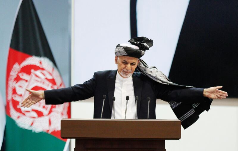 epa08225799 (FILE) - Afghan President Ashraf Ghani reacts during the closing ceremony of the Afghan government's Loya Jirga (lit. Grand Assembly) in Kabul, Afghanistan, 03 May 2019 (reissued 18 February 2020). According to reports citing the Independent Election Commission (IEC), Ghani has won the Afghan presidential election.  EPA/JAWAD JALALI *** Local Caption *** 55165451