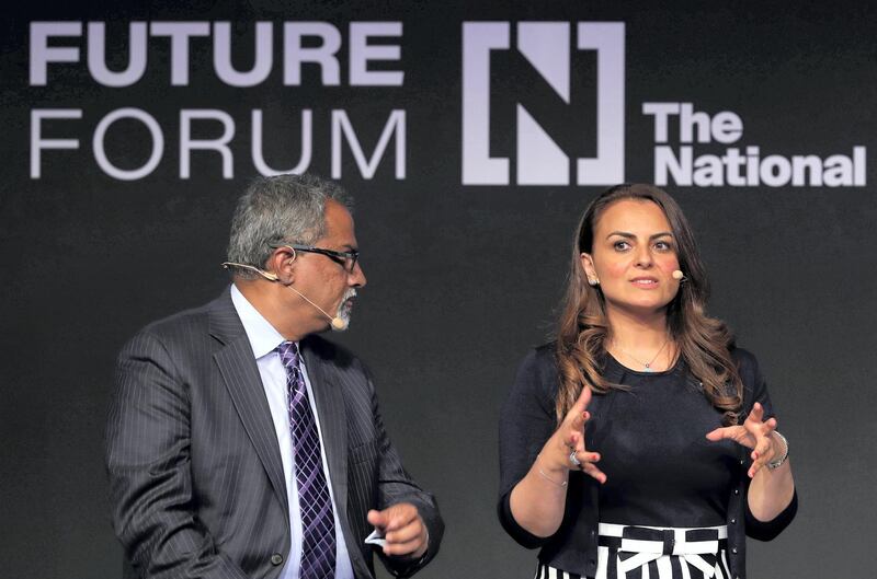 Abu Dhabi, United Arab Emirates - May 8th, 2018: L-R Raju Narisetti, Mina Al-Oraibi speak about the future of news at The National's Future Forum. Tuesday, May 8th, 2018 at Manarat Al Saadiyat, Abu Dhabi. Chris Whiteoak / The National