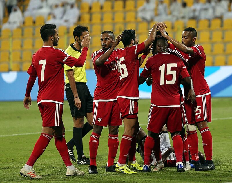 Dubai, November, 20, 2018: UAE team celebrates after scoring the first goal against Yemen during the International Friendly match at the Al Wasl Club in Dubai . Satish Kumar for the National/ Story by John