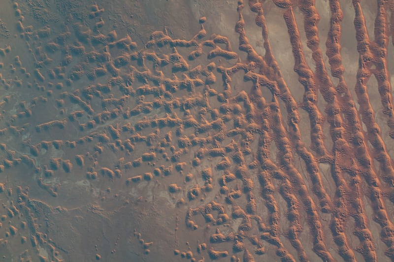Sand dunes in the desert area along the Saudi Arabia-Oman border. The image was captured by UAE astronaut Sultan Al Neyadi on May 16, 2023.