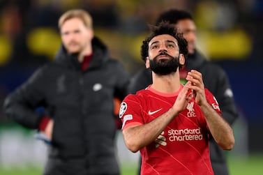 VILLARREAL, SPAIN - MAY 03: Mohamed Salah of Liverpool applauds the fans after their sides victory during the UEFA Champions League Semi Final Leg Two match between Villarreal and Liverpool at Estadio de la Ceramica on May 03, 2022 in Villarreal, Spain. (Photo by David Ramos / Getty Images)
