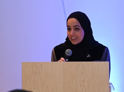 Miznah AlZamil speaks during the launch of Ithra's Creative Solutions initiative.