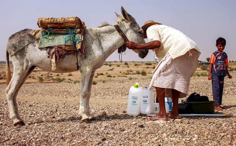 A man loads up a donkey after receiving humanitarian aid in the northern Yemeni province of Hajjah on September 17, 2020. AFP