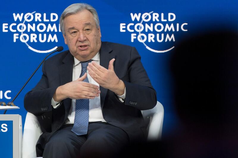 epa07314848 United Nations Secretary General Antonio Guterres speaks during a plenary session at the 49th annual meeting of the World Economic Forum, WEF, in Davos, Switzerland, 24 January 2019. The meeting brings together entrepreneurs, scientists, corporate and political leaders in Davos under the topic 'Globalization 4.0' from 22 - 25 January 2019.  EPA/LAURENT GILLIERON