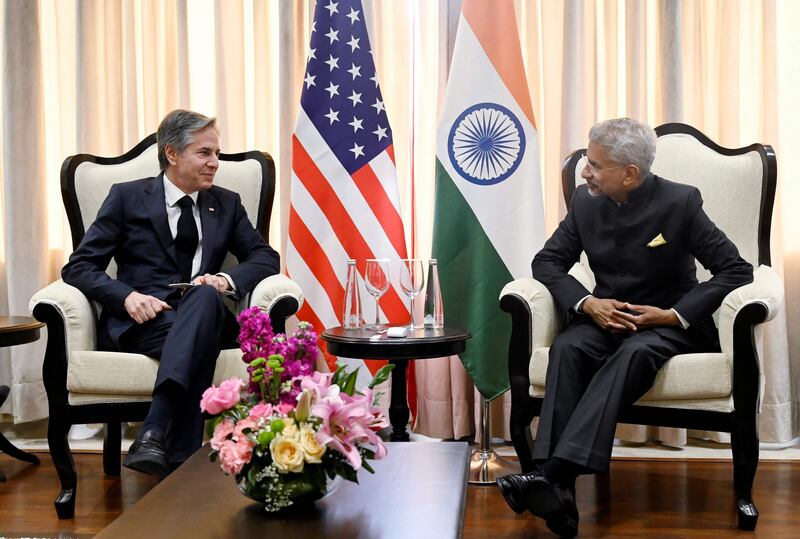 US Secretary of State Antony Blinken, left, meets Indian External Affairs Minister Subrahmanyam Jaishankar on the sidelines of the G20 meeting in New Delhi. AFP