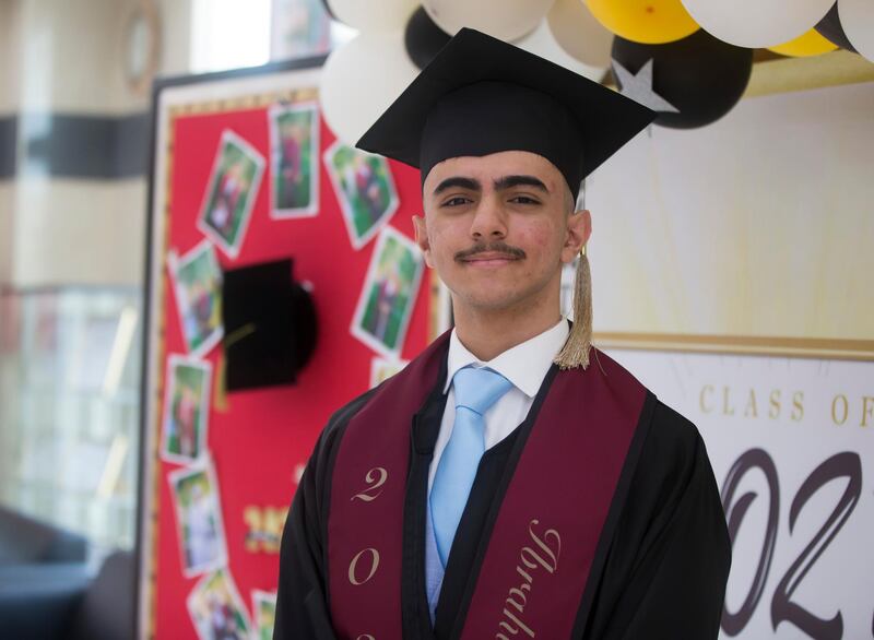 Ajman, United Arab Emirates - Ibrahim Fadi Doummar at the Al Shola American School first in-person graduation for 12 graders.  Leslie Pableo for The National for Amir's story