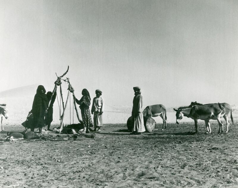 Bedouins with their donkeys at a water well, Original caption reads:- 'Beduins with their donkeys at a water well in the desert in the Trucial States, between Sharjah and Manama, where the Trucial Oman Scouts have a depot. These two old men made no objection to our photographing the women; but a minute later an irate Beduin on a diminutive donkey rode up and roundly scolded them for being so shameless'. Barbara Wace (1907-2003) was a British journalist, United Arab Emirates, There is no official date for this image, possibly taken in the 1950s / 1960s.  (Photo by Barbara Wace/Royal Geographical Society via Getty Images)