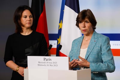 French Foreign Minister Catherine Colonna, right, discussed Europe's stance on China with her German counterpart Annalena Baerbock in Paris. AFP 