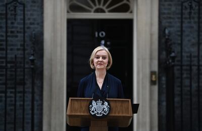British Prime Minister Liz Truss delivers a resignation statement outside No 10 Downing Street in London. EPA