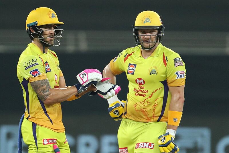 Faf du Plessis of Chennai Superkings and Shane Watson of Chennai Superkings during match 18 of season 13 of the Dream 11 Indian Premier League (IPL) between the Kings XI Punjab and the Chennai Super Kings held at the Dubai International Cricket Stadium, Dubai in the United Arab Emirates on the 4th October 2020.  Photo by: Ron Gaunt  / Sportzpics for BCCI