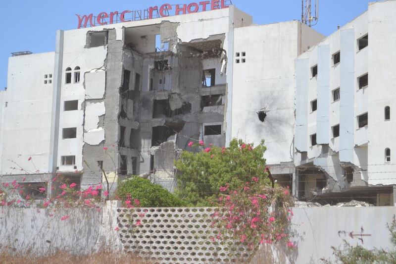 The severely damaged Mercure Hotel in the upmarket Khour Maksarare district where hotels and restaurants line the seafront. many of them were badly damaged in the Houthi assault.