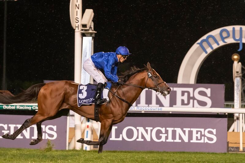 DUBAI, UNITED ARAB EMIRATES. 09 JANUARY 2020. Horse Racing. 8th Race Meeting at Meydan Racecourse. Race 4: Thoroughbreds, Singspiel Stakes, winner Nr 3, Benbatl (GB) 6 years old ridden by Christophe Soumillon and trained by Saeed Bin Suroor. (Photo: Antonie Robertson/The National) Journalist: Amith Passela. Section: Sport.


