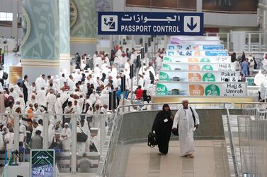 Pilgrims arrive at the Hajj Terminal at Jeddah airport, Saudi Arabia. Amr Nabil / AP