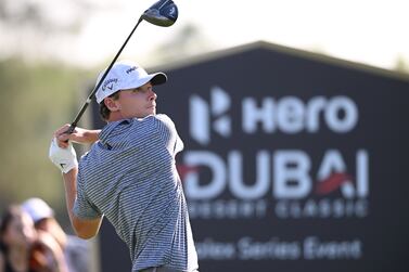 DUBAI, UNITED ARAB EMIRATES - JANUARY 29: Nicolai Hojgaard of Denmark tees off on the 18th hole during the Third Round on Day Four of the Hero Dubai Desert Classic at Emirates Golf Club on January 29, 2023 in Dubai, United Arab Emirates. (Photo by Ross Kinnaird / Getty Images)
