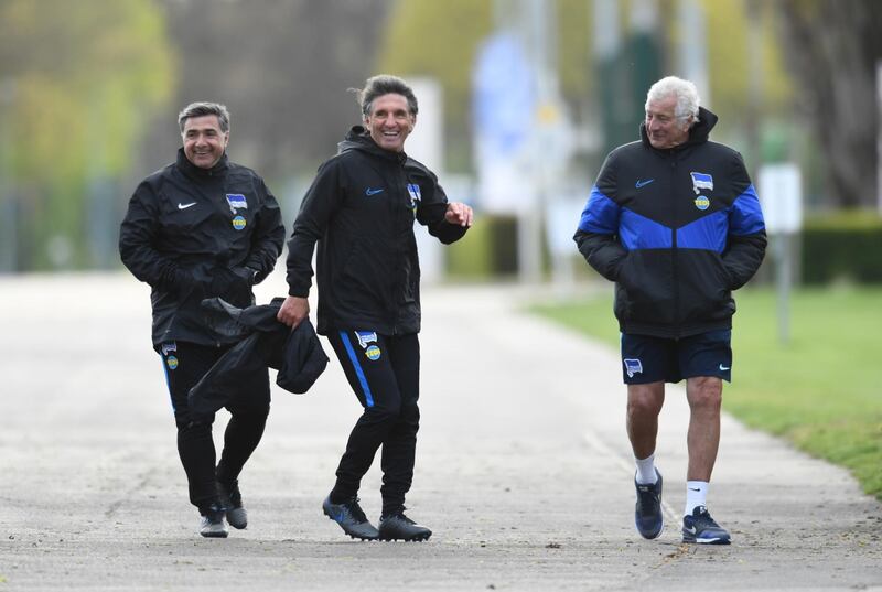 New Hertha Berlin coach Bruno Labbadia is flanked by his backroom staff as he prepares to take training at Schenkendorfplatz, Berlin, Germany. All photos courtesy of Reuters unless stated