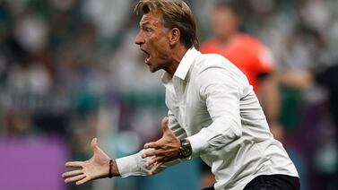 Saudi Arabia's French coach Herve Renard reacts on the touchline during the Qatar 2022 World Cup Group C football match between Saudi Arabia and Mexico at the Lusail Stadium in Lusail, north of Doha on November 30, 2022.  (Photo by Khaled DESOUKI  /  AFP)