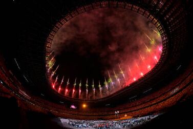 TOKYO, JAPAN - AUGUST 24: Fireworks explode during the opening ceremony of the Tokyo 2020 Paralympic Games at the Olympic Stadium on August 24, 2021 in Tokyo, Japan. (Photo by Koki Nagahama / Getty Images for CCJC)