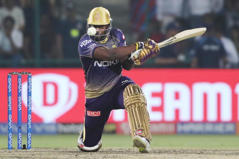 Kolkata Knight Riders Andre Russell plays a shot during the VIVO IPL T20 cricket match between Delhi Capitals and Kolkata Knight Riders in New Delhi, India, Saturday, March 30, 2019. (AP Photo/Altaf Qadri)