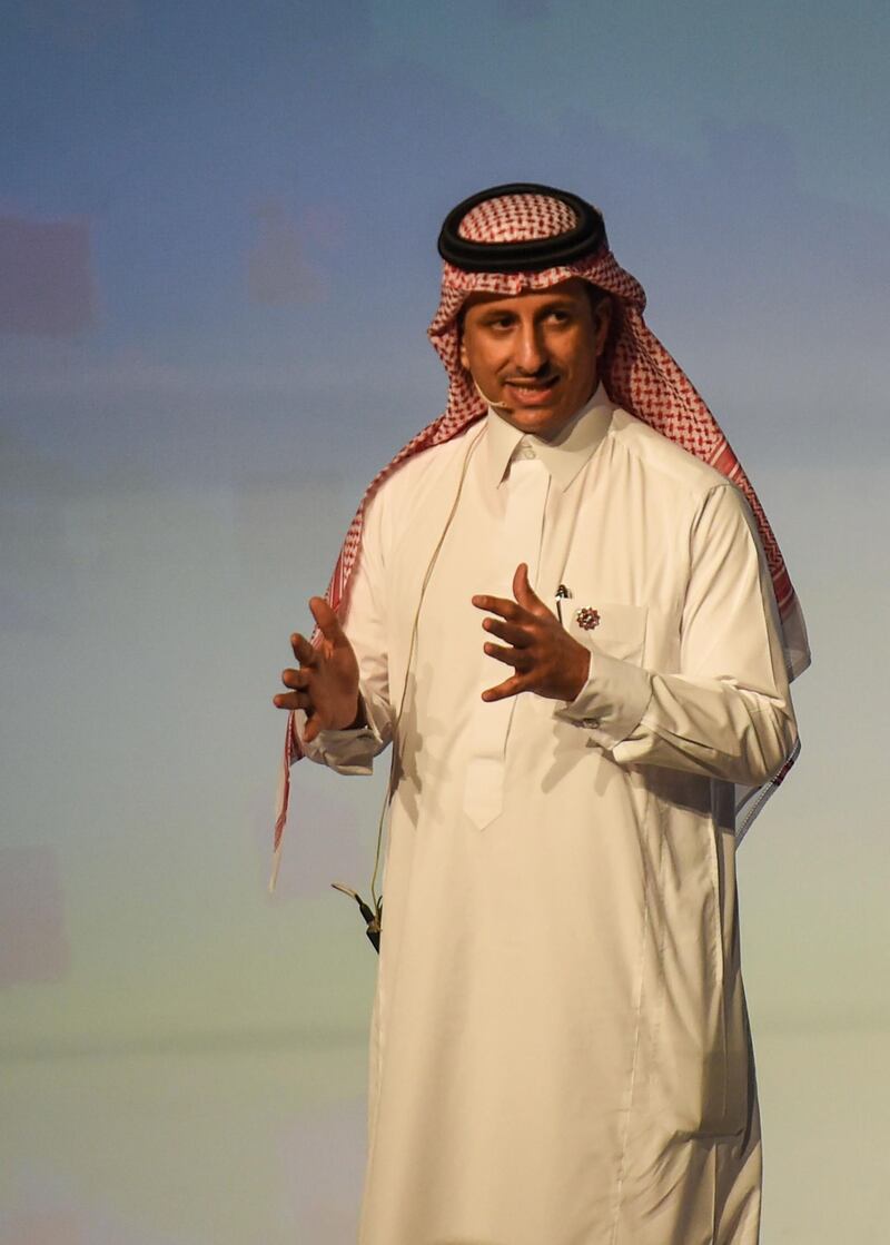 Ahmed bin Aqeel al-Khatib, director of Saudi Arabia's General Authority for Entertainment, speaks on the podium during the Quality of Life Program 2020 conference in the capital Riyadh on May 3, 2018.
The program is one of the vision realization programs of Saudi Arabia 2030. It aims to improve the lifstyle of individual and family and to build a society in which individuals enjoy a balanced lifstyle. / AFP PHOTO / FAYEZ NURELDINE