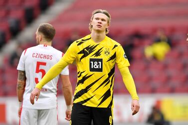 FILE PHOTO: Soccer Football - Bundesliga - FC Cologne v Borussia Dortmund - RheinEnergieStadion, Cologne, Germany - March 20, 2021 Borussia Dortmund's Erling Braut Haaland looks dejected Pool via REUTERS/Marius Becker DFL regulations prohibit any use of photographs as image sequences and/or quasi-video./File Photo