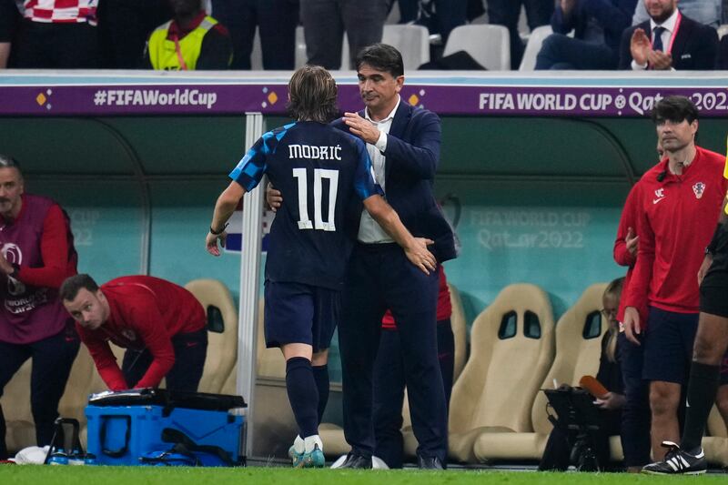 Croatia's Luka Modric with coach Zlatko Dalic during the World Cup semi-final at the Lusail Stadium. AP
