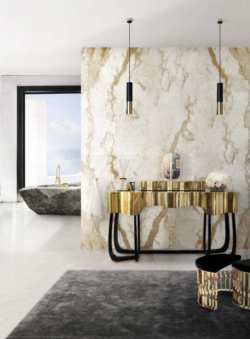 This bathroom from Maison Valentina incorporates the Sinuous dressing table, Mandy stool and free-standing Diamond bathtub. Courtesy Maison Valentina