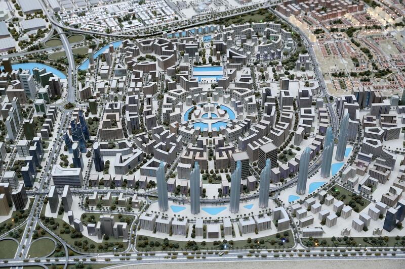 DUBAI , UNITED ARAB EMIRATES , January 23 – 2019 :- View of the Dubai South model at the Dubai South Headquarters office in Dubai. ( Pawan Singh / The National ) For Business. Story by Sarah