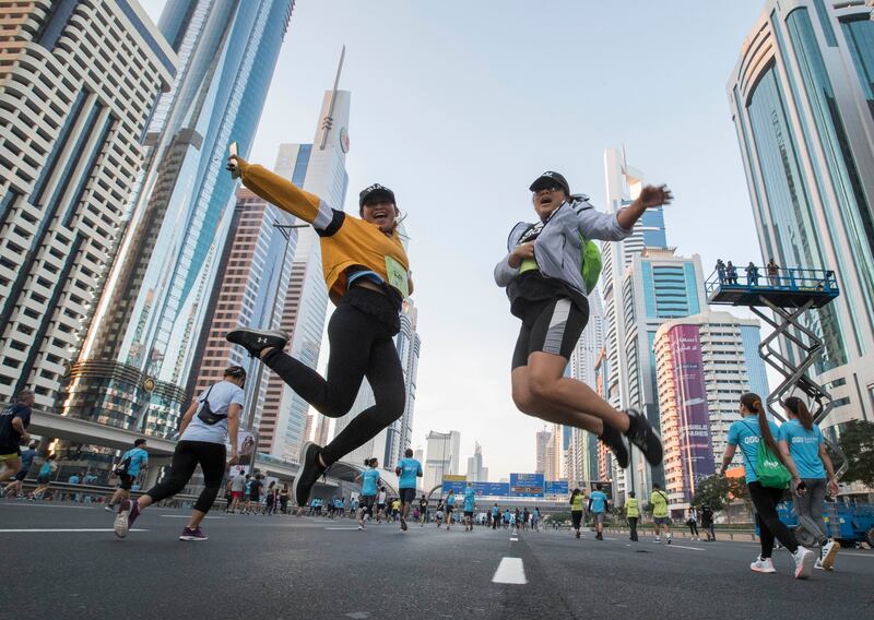 Jumping and jogging, the early morning run saw people in high spirits
