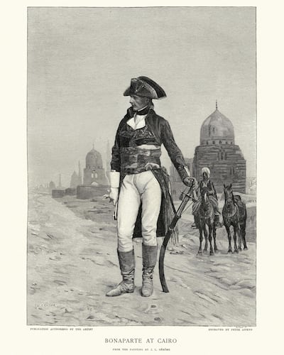 Vintage engraving of Napoleon Bonaparte in Cairo, Egypt. The French Campaign in Egypt and Syria (1798–1801) was Napoleon Bonaparte's campaign in the Ottoman territories of Egypt and Syria, proclaimed to defend French trade interests. Getty Images