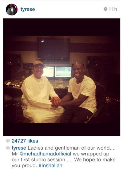 Mehad Hamad and Tyrese in a photo from a recording studio that Tyrese posted on his Instagram account on April 15, 2014.