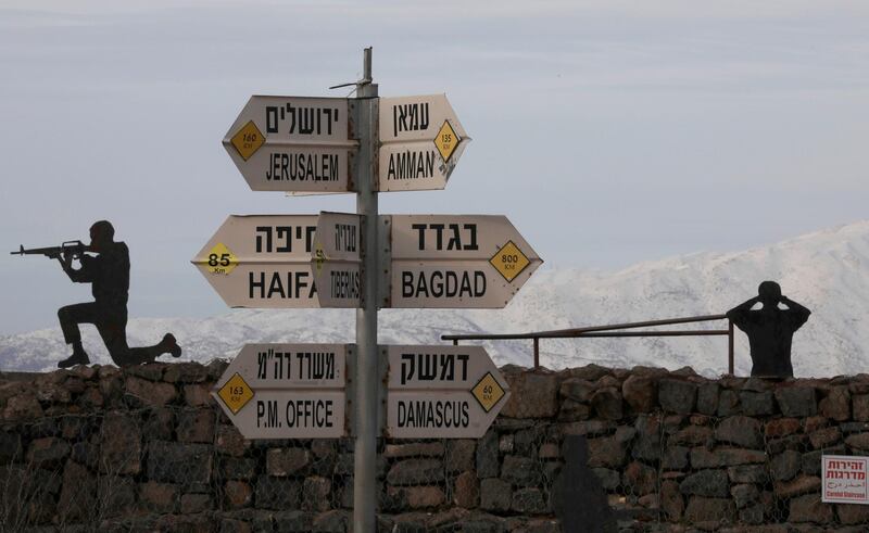 (FILES) A file photo taken on January 20, 2019 shows silhouette sculptures of Israeli soldiers are pictured next to a sign for tourists showing the respective distances to Damascus and Baghdad from an army post on Mount Bental in the Israeli-annexed Golan Heights. Israeli Prime Minister Benjamin Netanyahu on March 21, 2019, welcomed US President Donald Trump's pledge to recognise Israel's disputed annexation of the Golan Heights, which it seized from Syria in 1967. "At a time when Iran seeks to use Syria as a platform to destroy Israel, President Trump boldly recognises Israeli sovereignty over the Golan Heights," he wrote on his personal Twitter account. "Thank you President Trump!" Trump's statement of intent on the strategic plateau Israel seized in the Six-Day War came after US Secretary of State Mike Pompeo visited Jerusalem and stood shoulder-to-shoulder with Netanyahu at the Western Wall. / AFP / JALAA MAREY
