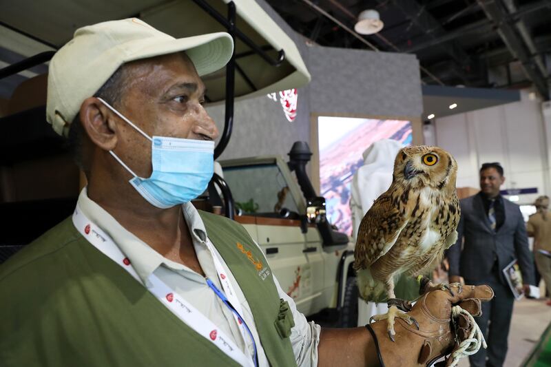 Staff from Al Ain Zoo introduce visitors to birds at the Abu Dhabi stand.
