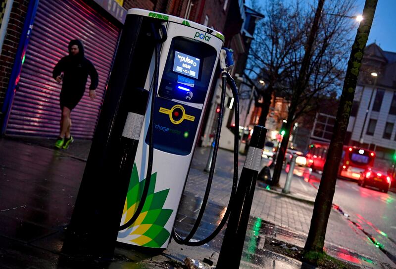 A BP EV charge point in London. While BP operates car charging points in the US, the acquisition of Amply Power  is a first step into EV fleet charging in the country. Reuters