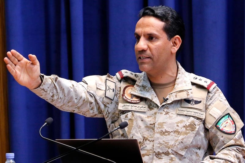 epa07851144 Saudi Defense Ministry spokesman Colonel Turki Al-Malik addresses a press conference on the attack against Aramco oil facility, Riyadh, Saudi Arabia, 18 September 2019. According to reports, Al-Malik said 25 Iranian-made drones came from the north to attack the facility, and showed what the Saudis said were the remains of cruise missiles and drones used in an attack.  EPA/STRINGER