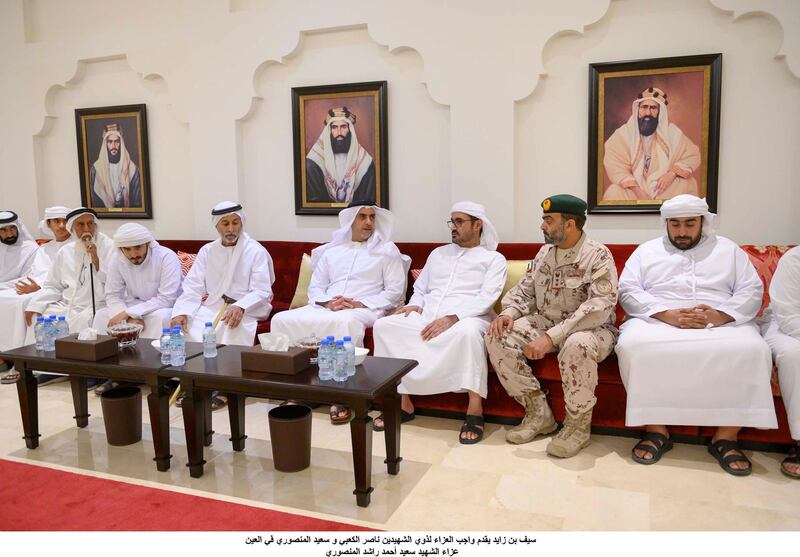 Sheikh Saif bin Zayed, Deputy Prime Minister and Minister of Interior, offers his condolences to the Al Mansouri family in Al Ain after the death of Capt Saeed Al Mansouri. Wam